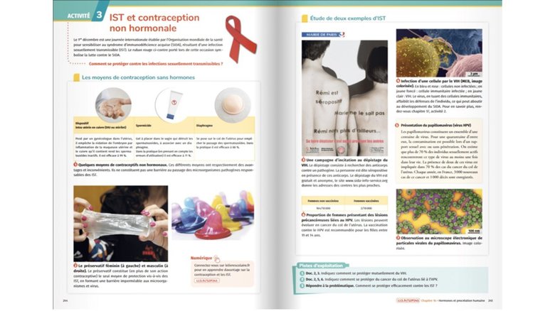 高校1年「生命と地球の科学」の教科書では避妊について扱っている ※lelivrescholaire.frより