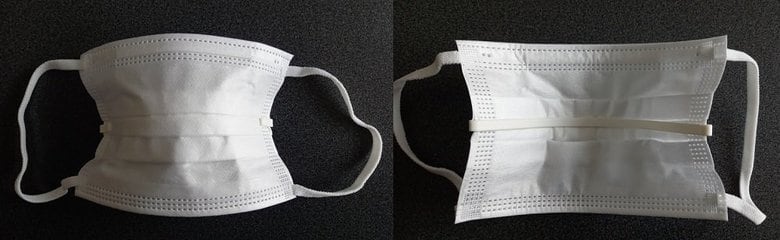 実際にマスクへ装着(左:外側からの様子 右:内側からの様子)