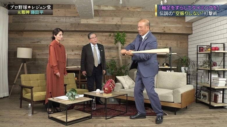 自身のバッティングを説明する藤田平氏