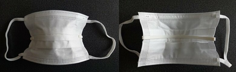 実際にマスクへ装着（左：外側からの様子　右：内側からの様子）