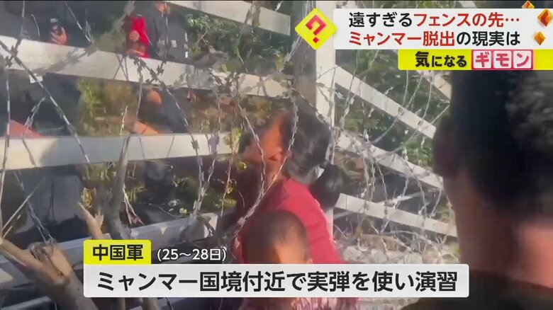 子供を抱きかかえながら、鉄条網のフェンスから手を伸ばす女性