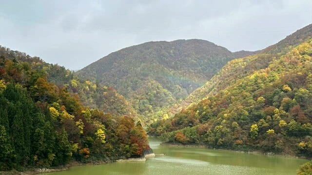 取材中、紅葉する山に虹が!