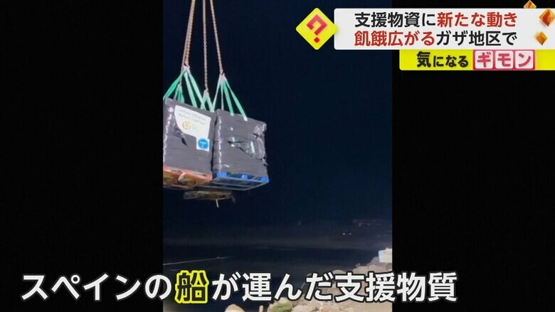 クレーンにぶら下げられたスペインの船が運んできた支援物資