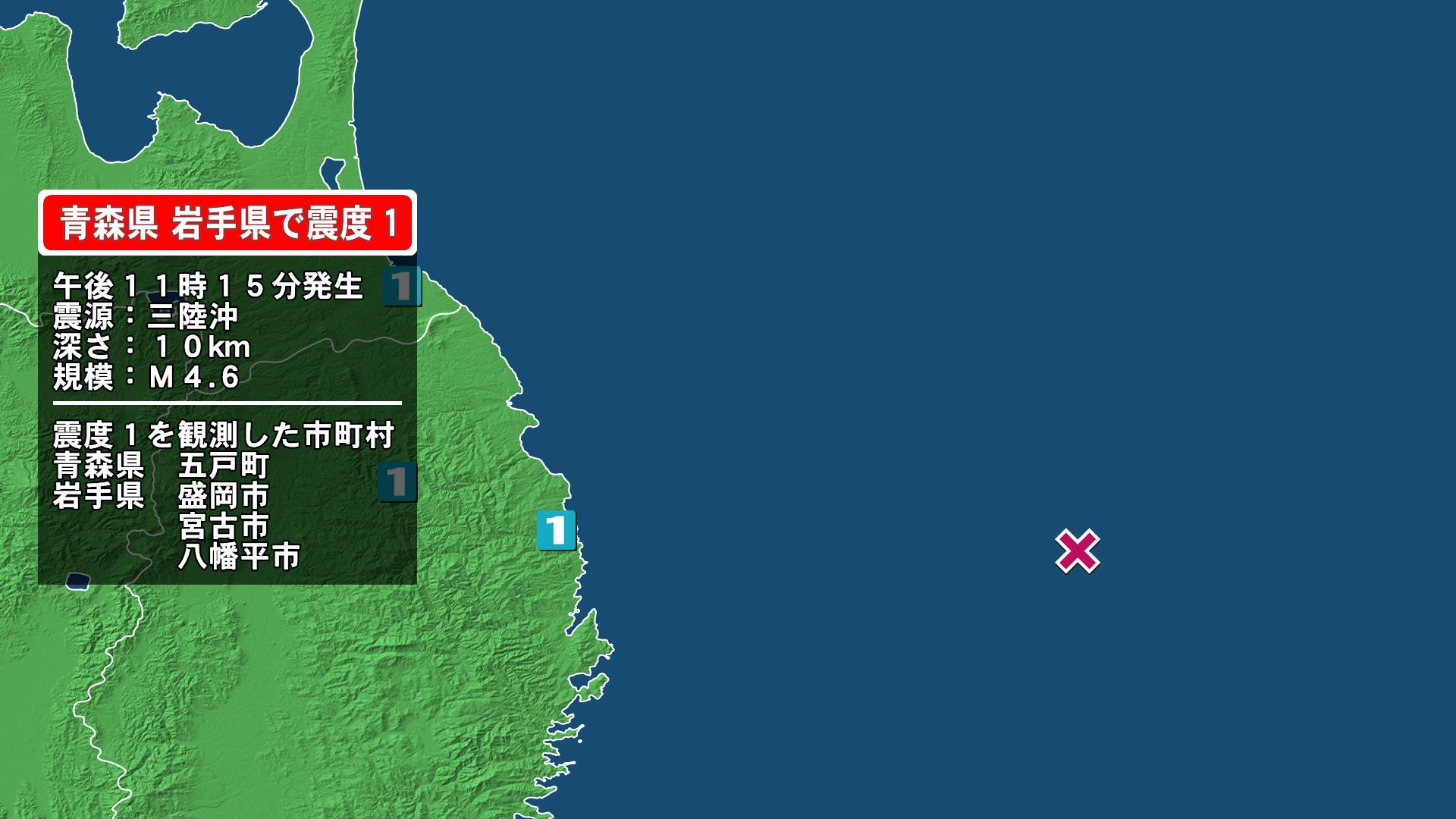 青森県で最大震度1の地震　青森県・五戸町、岩手県・宮古市、盛岡市、八幡平市
