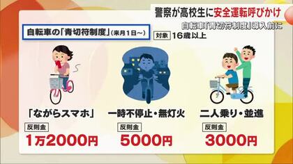 自転車の並進や無灯火運転も反則金…警察が高校生に４月から始まる自転車新ルール注意喚起【岡山】