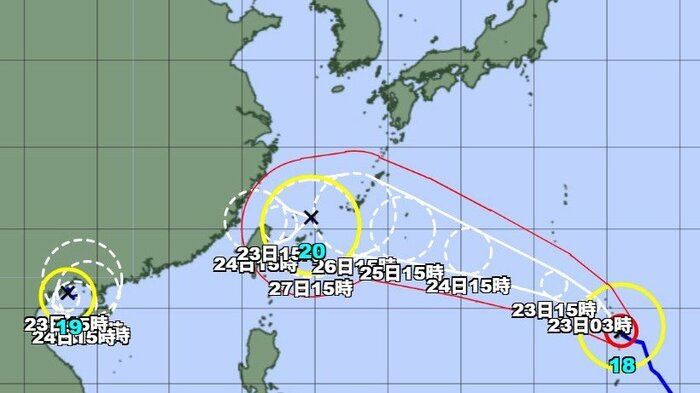 台風18号・19号・20号の進路予想図　気象庁HPより