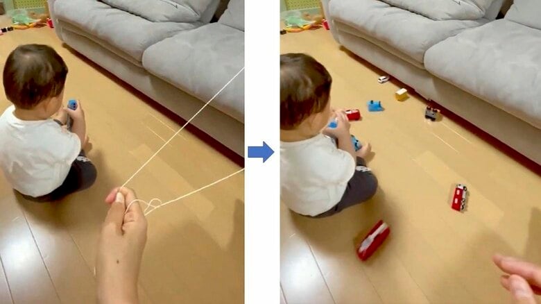 ソファ下のおもちゃを一気に取り出す“装置”がお見事…片付けは楽に? 15分で完成する仕組みを聞いた　｜FNNプライムオンライン