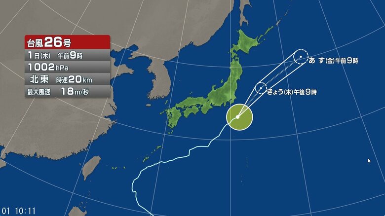 【台風情報】台風26号の進路予想　1日午前9時には八丈島の東約110キロ、中心気圧1002ヘクトパスカル　1日午後9時には日本の東に達する予想｜FNNプライムオンライン