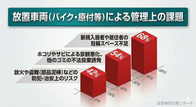 【川口市・駐輪場調査】マンション管理者の82%が「放置バイク」に苦悩。撤去できない最大の壁は「後々のトラブルへの不安（76%）」