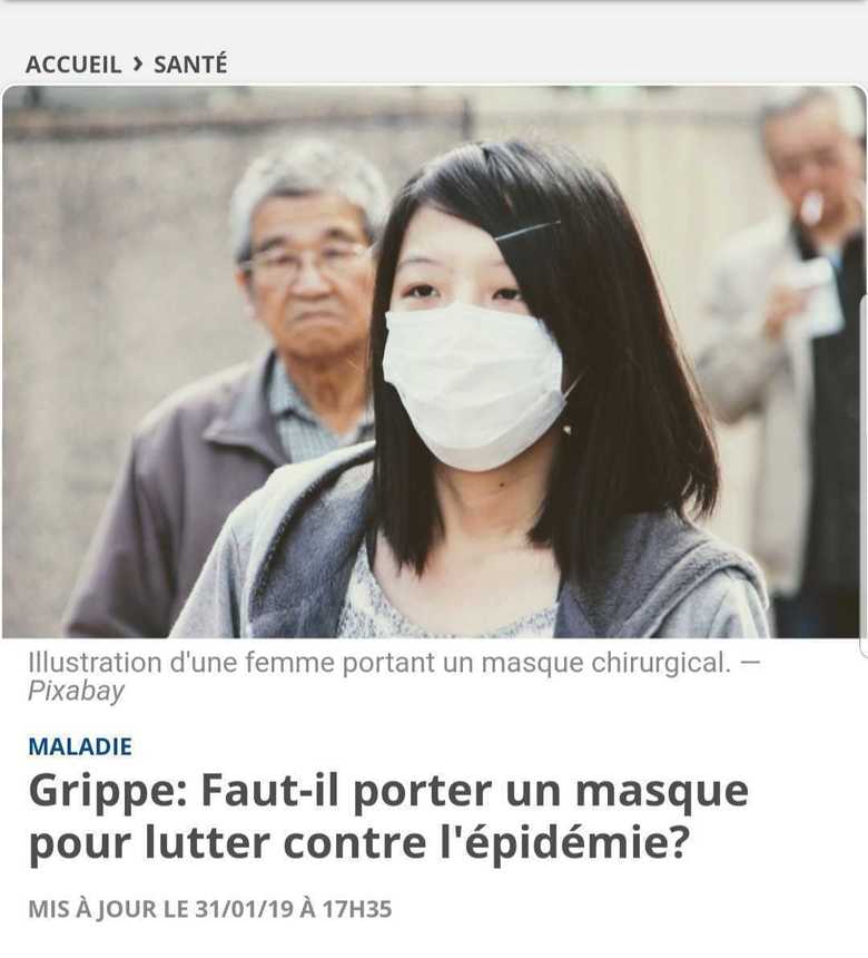フランスメディア「20minutes」(1月31日付)より。“手術用マスクをつける女性”