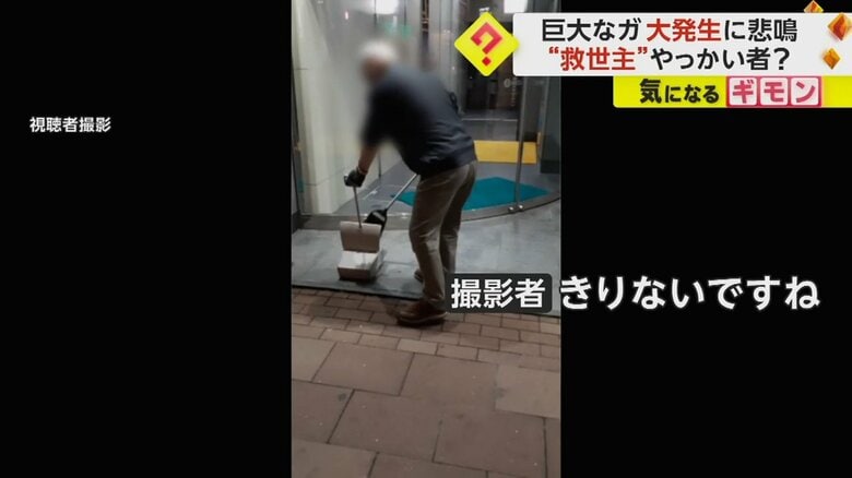 地面に落ちたクスサンを片付ける男性