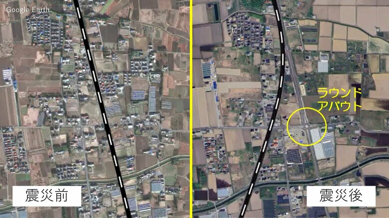 左が震災前、右が震災後　線路があった場所に道路を整備