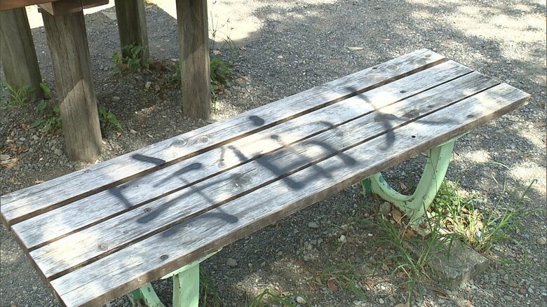 ベンチには「宇宙人」の文字