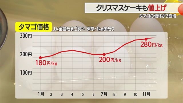 11カ月で卵価格が100円上がる（Lサイズ15個・Mサイズ16個相当）