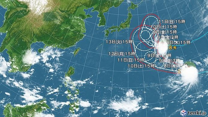 台風28・29号の進路予想図（日本気象協会tebki.jpより）