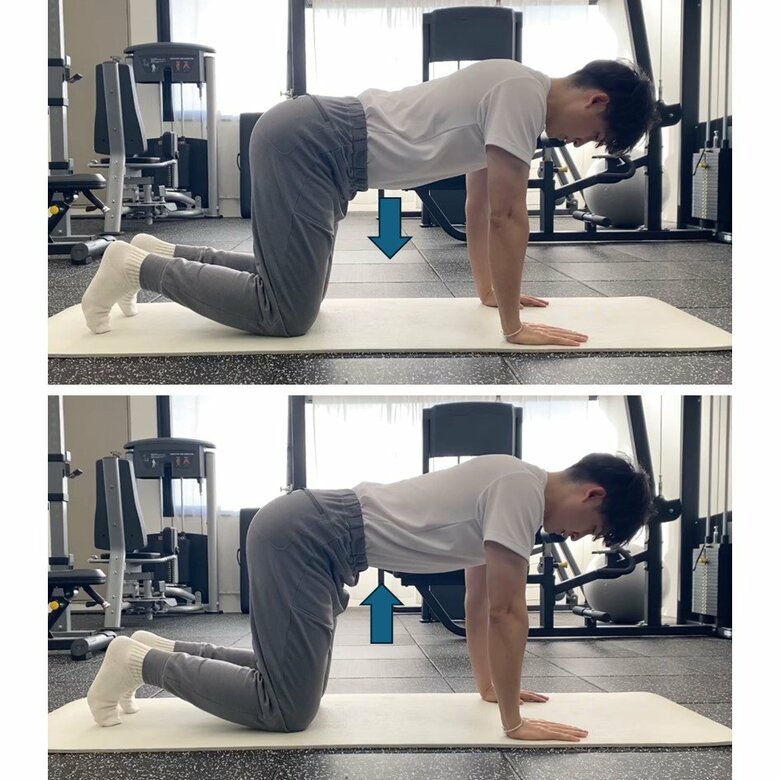 上：おなかが垂れている感覚を感じる　下：息を吐きながらおなかをへこませる（提供：計太さん）