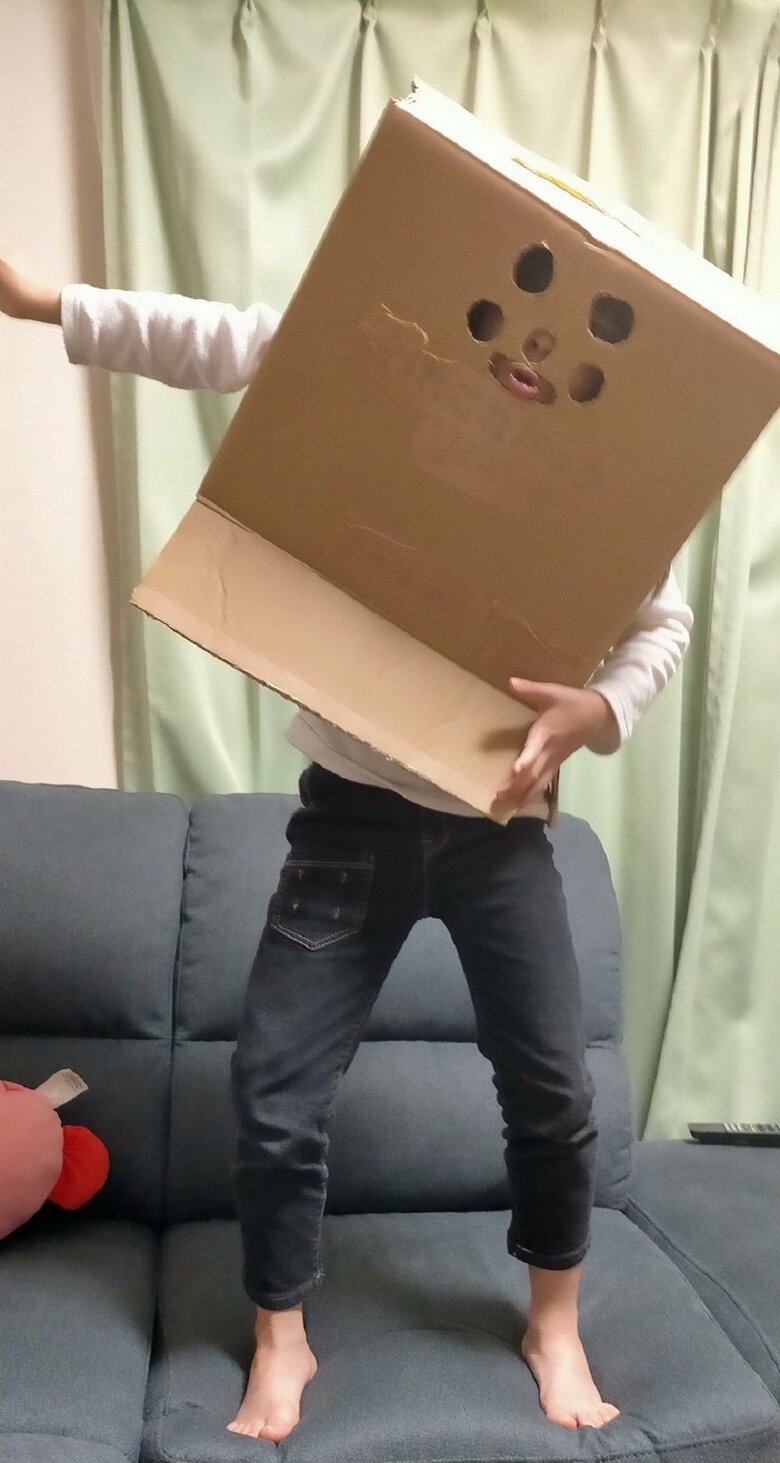 段ボール箱に穴を開けてかぶり物に…