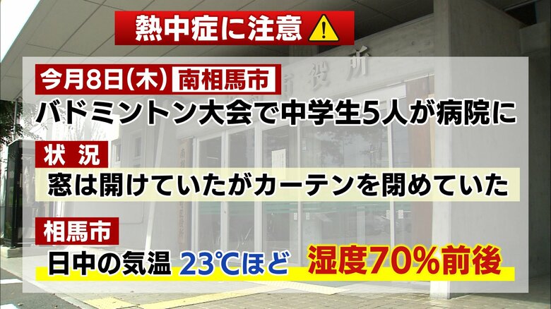 気温23℃　バドミントン大会で熱中症の症状　湿度は70％だった