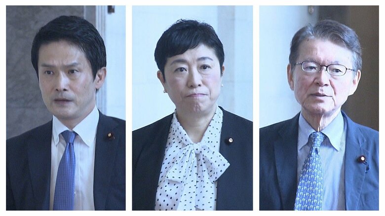 臨時の執行役員会には（左から）小川幹事長、辻元代表代行、長妻代表代行らも出席