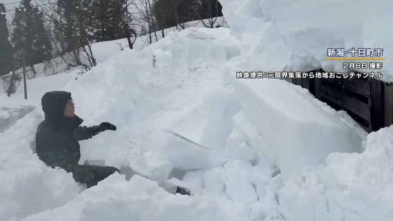 突然落ちてきた雪に驚いて後ろに倒れる男性