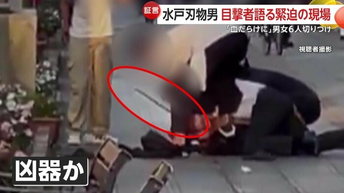 事件発生直後に撮影された映像では男を男性たちが押さえつけている姿が確認できる