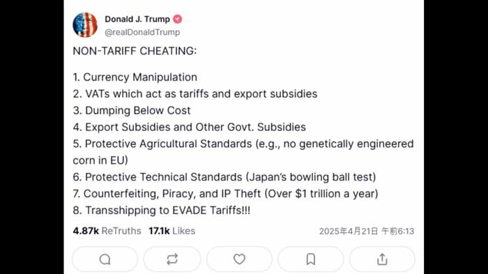 トランプ氏はSNSで「非関税障壁」の不正行為の具体例として為替操作など8項目を挙げた