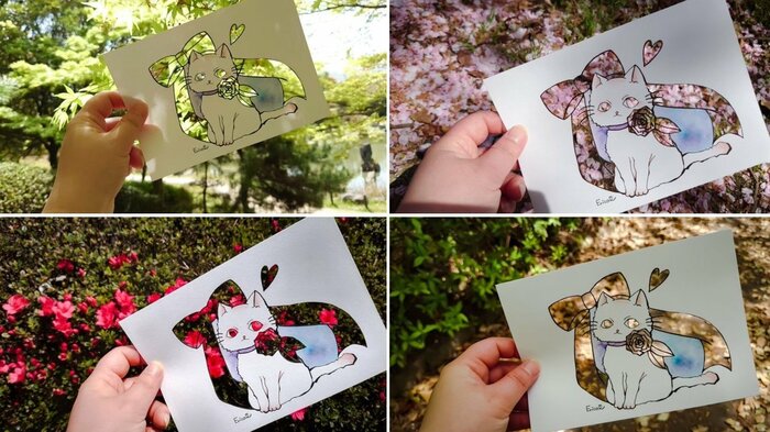 猫の作品を四季の季節ごとにかざした様子