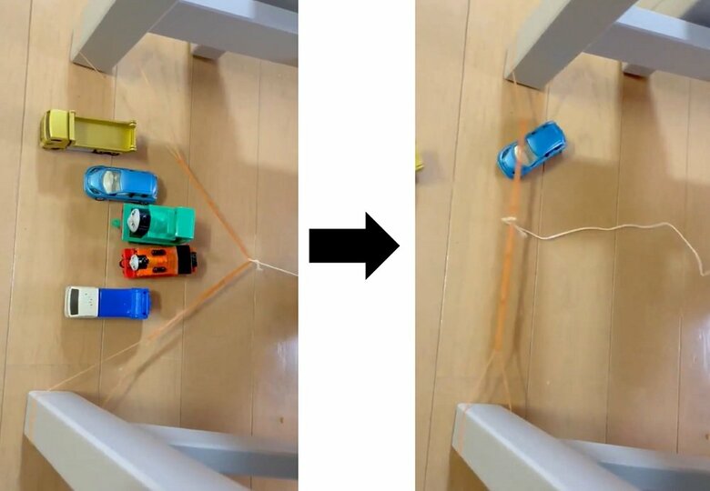 左：糸を引いた状態　→　右：はじき出されるおもちゃ