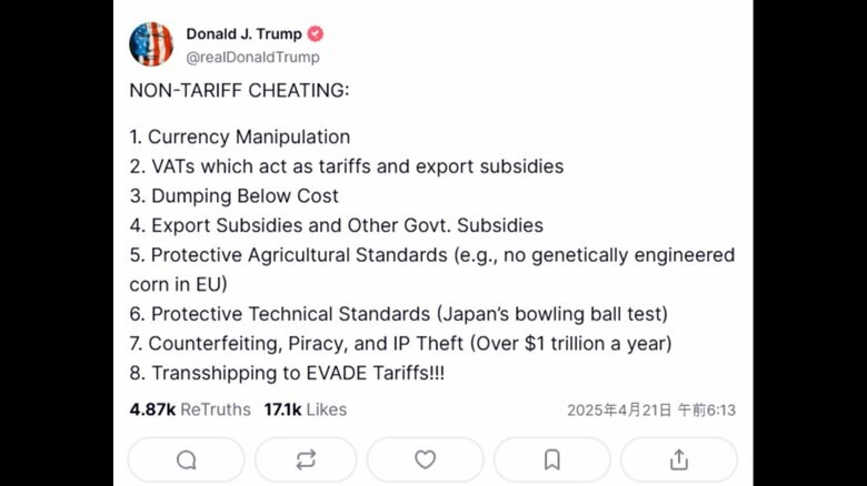 トランプ氏はSNSで「非関税障壁」の不正行為の具体例として為替操作など8項目を挙げた