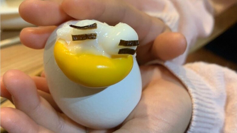 ゆで卵から生まれた“アヒル”は目元を変えると、表情も変わる