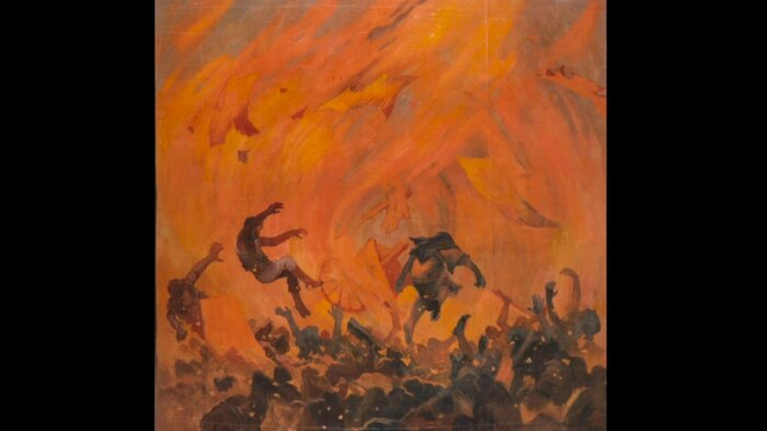 東京都慰霊堂に展示された火災旋風を描いたとされる絵 東京都復興記念館所蔵資料