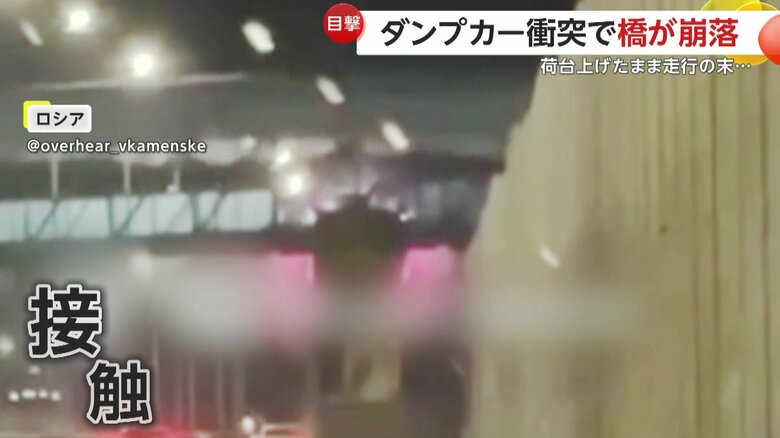 荷台上げたまま高速走行のダンプカーが頭上の“歩行者用”橋に激突し崩落する瞬間　運転手搬送も幸い通行人ゼロ　ロシア｜FNNプライムオンライン