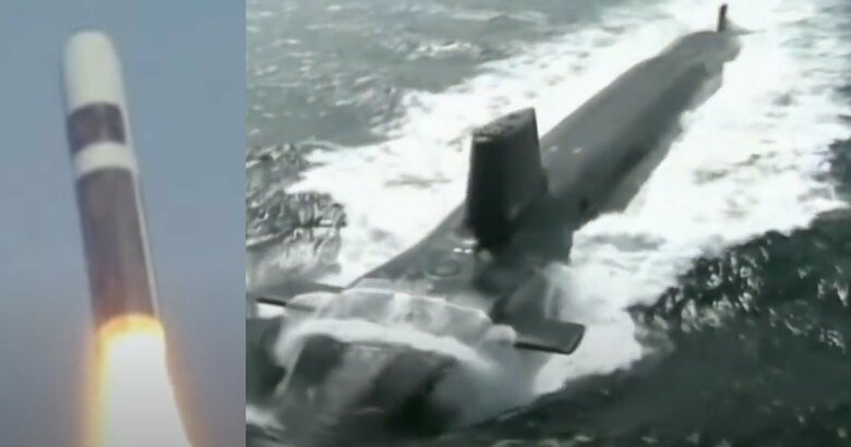 英海軍トライデントⅡD5戦略核ミサイル(左)とヴァンガード級戦略ミサイル原潜(右)(英国防省公式映像より)