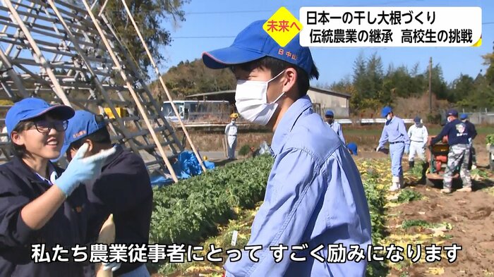 大根を収穫する生徒たち