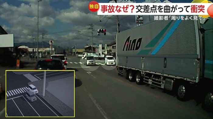 同時に道に進行していた2台の車(視聴者提供)