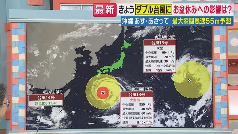 【台風最新情報】「古い家が風で押しつぶされてもおかしくない」　“ダブル台風”接近でお盆休みに影響か　北日本・東日本は注意を　沖縄は7～8日「最大瞬間風速55メートル」予想　台風13号・台風15号｜FNNプライムオンライン