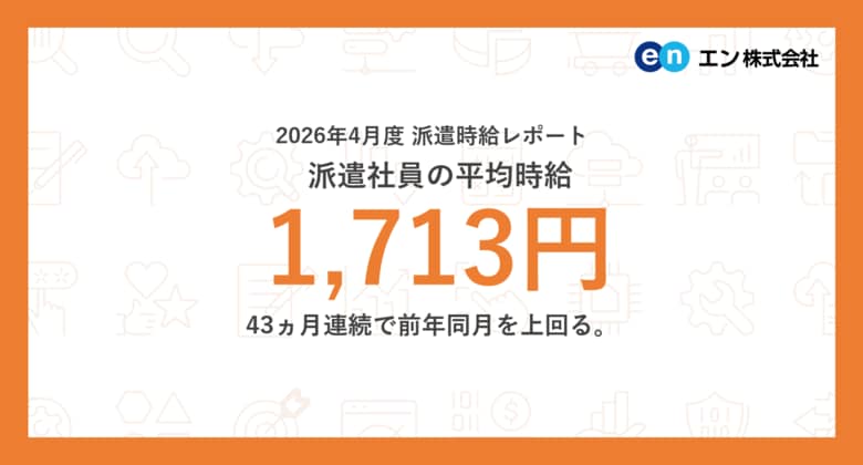 2026年4月度 派遣社員の平均時給は1,713円。DX・AIの普及が時給上昇にも影響。43ヵ月連続で前年同月を上回る。