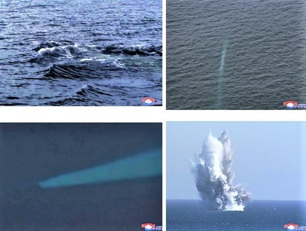 海中を航行し目標海域で水中での起爆試験を行う無人水中攻撃艇ヘイル（朝鮮中央通信・3月24日）