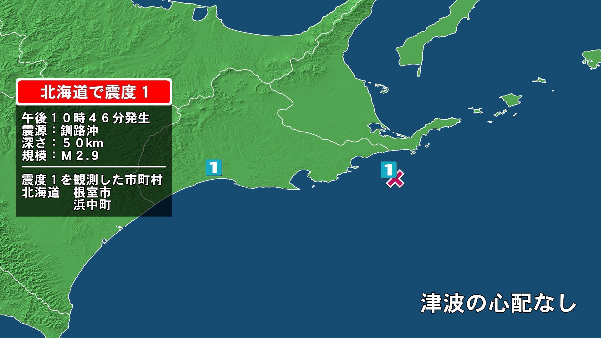 北海道で最大震度1の地震　北海道・浜中町、根室市