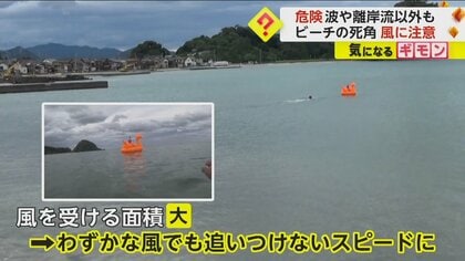 【手を放さないで】子どもが乗ったフロート　大サイズは風を受ける面積大…風速2mの弱風でもどんどん沖へ流される　