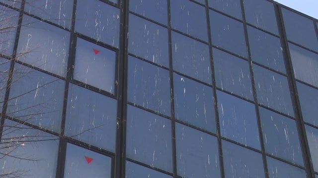 駅前キャンパスの窓にカラスのふん