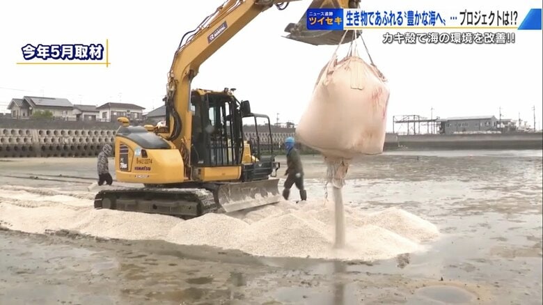 2025年5月、干潟に現れた大きなクレーン車