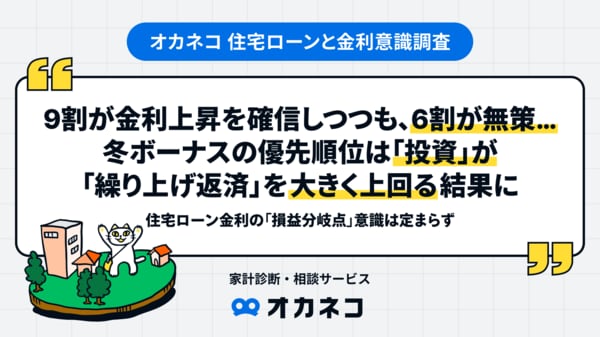 オカネコ 住宅ローンと金利意識調査】9割が金利上昇を確信しつつも、6