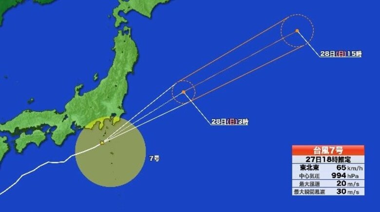 【台風7号】最新の進路予想図　気になる今後の雨雲の動きは？　御前崎の南東を東北東に進む　28日未明には温帯低気圧に　大気の状態は引き続き不安定｜FNNプライムオンライン