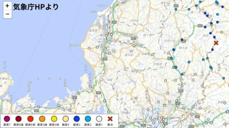 【地震速報】福井で震度1を観測　岐阜県飛騨地方で震度4の地震｜FNNプライムオンライン