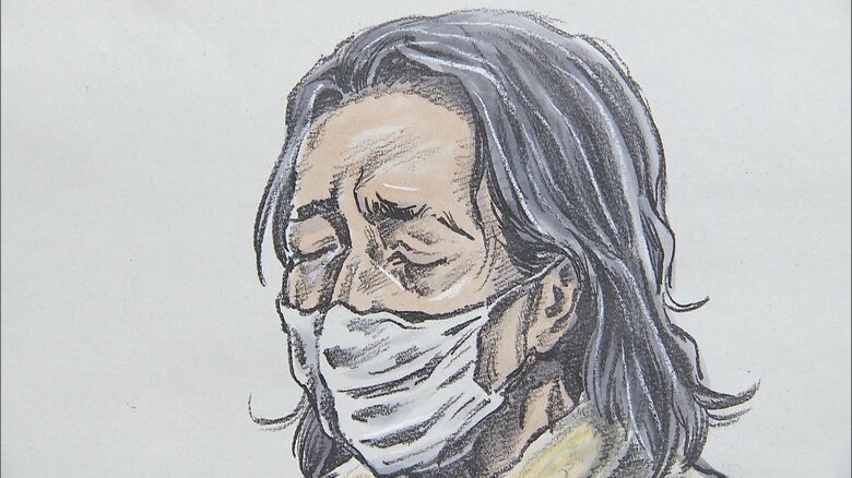 最後に、裁判長から説諭を受けると、大橋被告は、ハンカチで涙をぬぐった（イラスト:石井克昌）