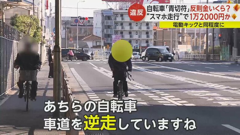 車道を逆走する自転車