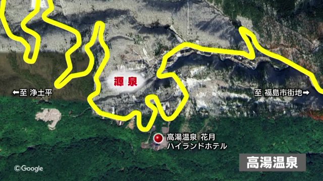 ホテルと源泉の位置関係