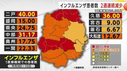 インフルエンザ患者数、2週連続減少も依然3つの地域で警報基準超え　岩手県