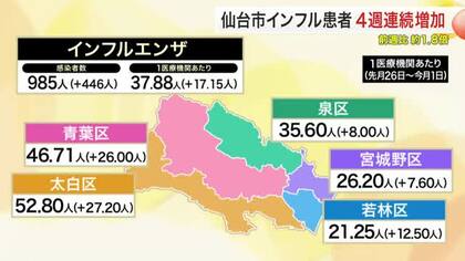 仙台市のインフル患者１.８倍に急増　４週連続増　太白区で５０人超